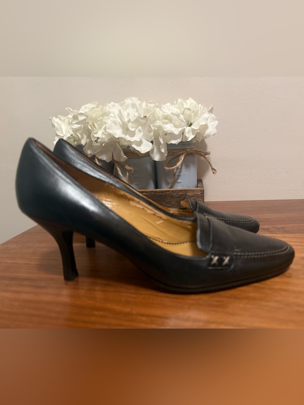 Anne Klein Black Leather Mid Heel Loafers size 10M